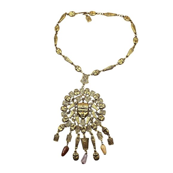 Goldette 1970s Egyptian Revival Gold Tone Necklace Cartouche & Scarab Motifs - Picture 7 of 16